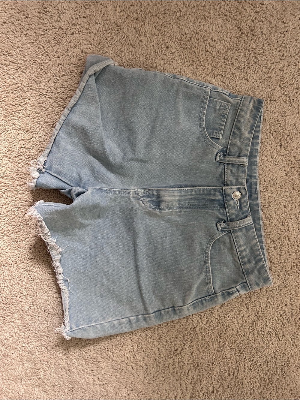 High Waisted Light Blue Denim Frayed Hem Women's Shorts